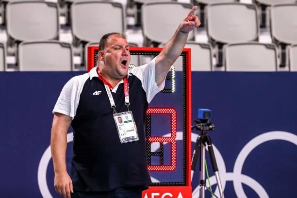 Head coach Dejan Savic of Serbia during the Tokyo 2020 Olympic Waterpolo Tournament men's Semi Final match between Serbia and Spain at Tatsumi...