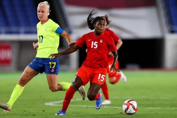 Nichelle Prince of Canada controls the ball during the Olympic women's football gold medal match between Sweden and Canada at International Stadium...