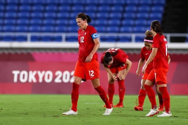 Christine Sinclair of Canada show her dejection after Stina Blackstenius of Sweden scores a goal during the Olympic women's football gold medal match...