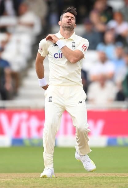 James Anderson of England reacts after Joe Root dropped KL Rahul of India during the third day of the 1st LV= Test match between England and India at...