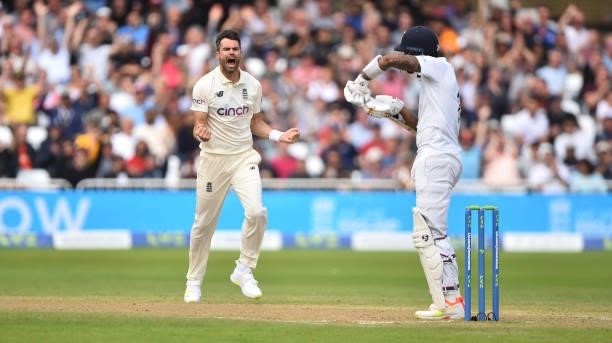James Anderson of England celebrates after getting KL Rahul of India out during day three of the First Test Match between England and India at Trent...