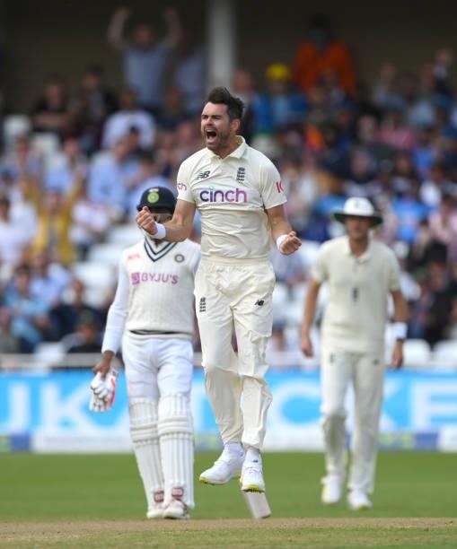England bowler James Anderson celebrates after dismssing KL Rahul during day three of the First Test Match between England and India at Trent Bridge...