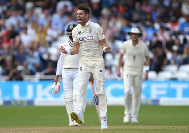 England bowler James Anderson celebrates after dismssing KL Rahul during day three of the First Test Match between England and India at Trent Bridge...