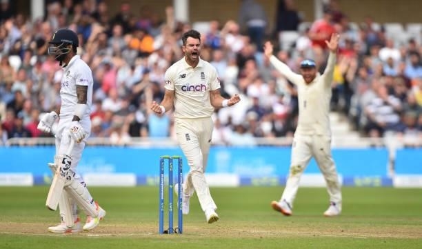 James Anderson of England celebrates after getting KL Rahul of India out during day three of the First Test Match between England and India at Trent...