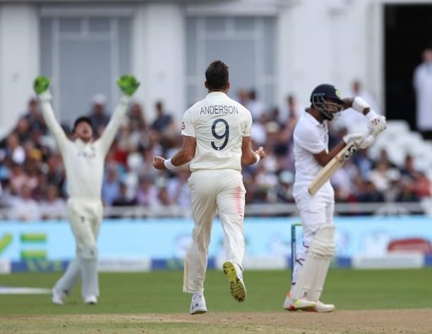 James Anderson of England takes the wicket of Kannaur Rahul of India during day three of the First LV= Insurance test match between England and India...