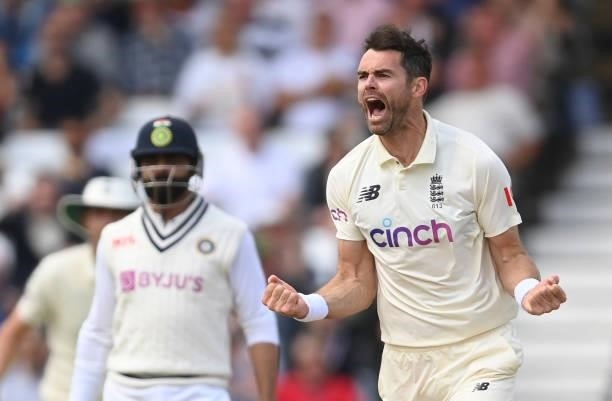 James Anderson of England celebrates after dismissing KL Rahul of India as Ravindra Jadeja of India looks on during the third day of the 1st LV= Test...