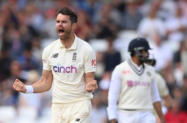 James Anderson of England celebrates after dismissing KL Rahul of India as Ravindra Jadeja of India looks on during the third day of the 1st LV= Test...