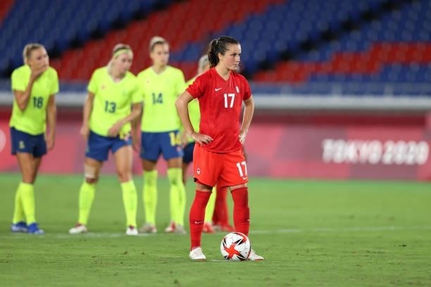 Jessie Fleming of Team Canada prepares to take a penalty kick during the Women's Gold Medal Match between Canada and Sweden on day fourteen of the...