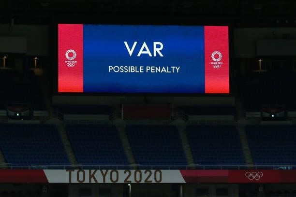 The big screen displays information during a VAR penalty check during the Women's Gold Medal Match between Canada and Sweden on day fourteen of the...
