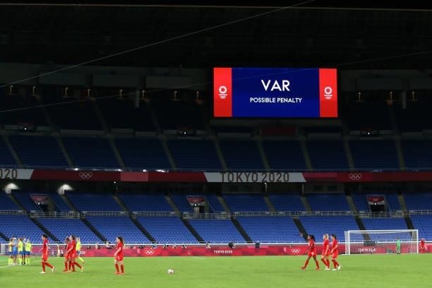The big screen displays information during a VAR penalty check during the Women's Gold Medal Match between Canada and Sweden on day fourteen of the...