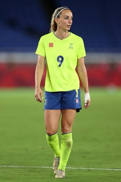 Kosovare Asllani of Team Sweden looks on during the Women's Gold Medal Match between Canada and Sweden on day fourteen of the Tokyo 2020 Olympic...