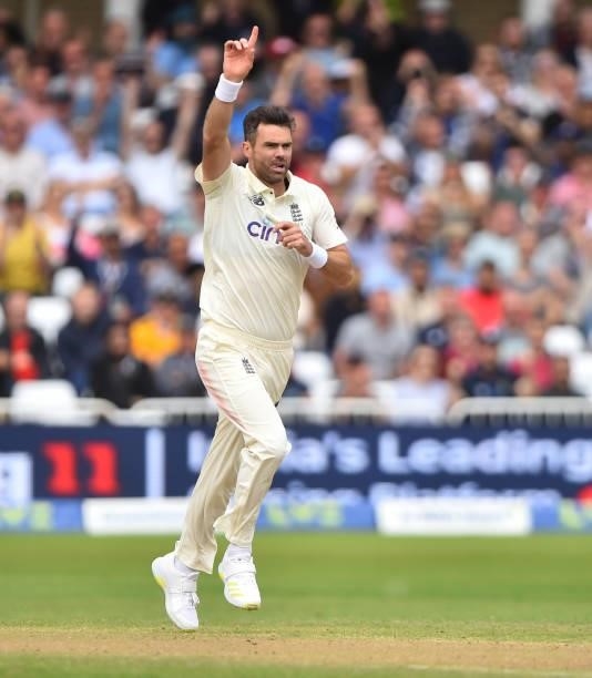 James Anderson of England celebrates after getting Shardul Thakur of India out during day three of the First Test Match between England and India at...