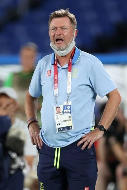 Peter Gerhardsson, Head Coach of Team Sweden reacts during the Women's Gold Medal Match between Canada and Sweden on day fourteen of the Tokyo 2020...
