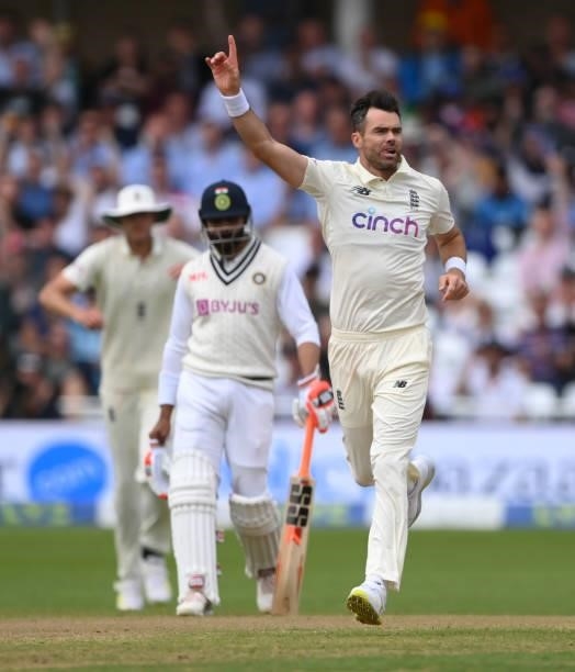 England bowler James Anderson celebrates after dismssing India batsman Thakur during day three of the First Test Match between England and India at...