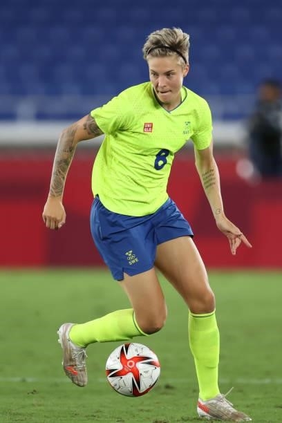 Lina Hurtig of Team Sweden runs with the ball during the Women's Gold Medal Match between Canada and Sweden on day fourteen of the Tokyo 2020 Olympic...