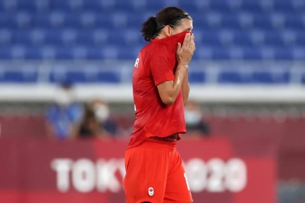 Christine Sinclair of Team Canada reacts as she walks off the pitch after being substituted off during the Women's Gold Medal Match between Canada...