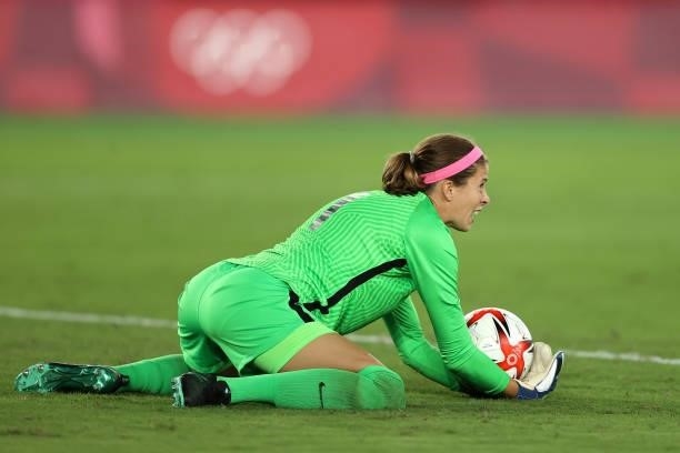 Stephanie Labbe of Team Canada makes a save during the Women's Gold Medal Match between Canada and Sweden on day fourteen of the Tokyo 2020 Olympic...