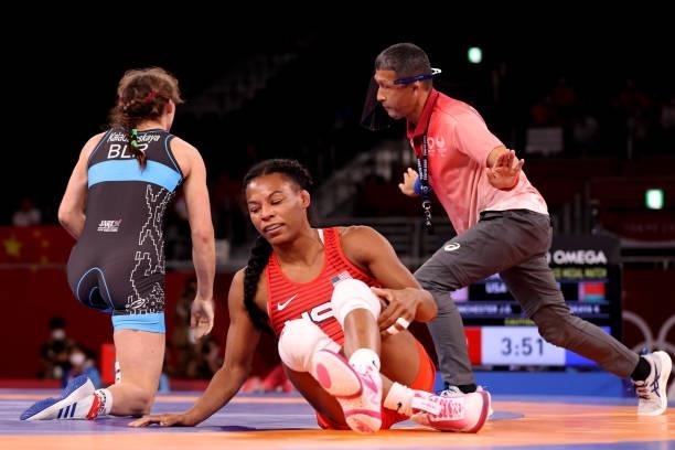 Jacarra Gwenisha Winchester of Team United States reacts after being defeated by Vanesa Kaladzinskaya of Team Belarus during the Women’s Freestyle...