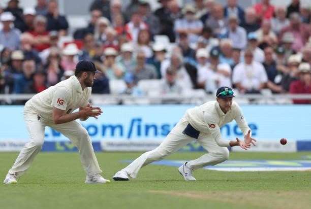 Shardul Thakur of India is caught in the slips by Joe Root of England off the bowling of James Anderson during day three of the First LV= Insurance...