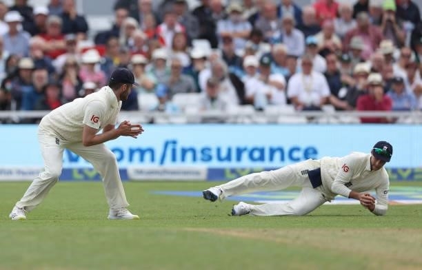 Shardul Thakur of India is caught in the slips by Joe Root of England off the bowling of James Anderson during day three of the First LV= Insurance...