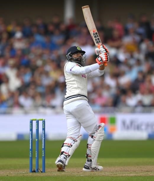 India batsmen Ravindra Jadeja hits Anderson for 6 runs during day three of the First Test Match between England and India at Trent Bridge on August...