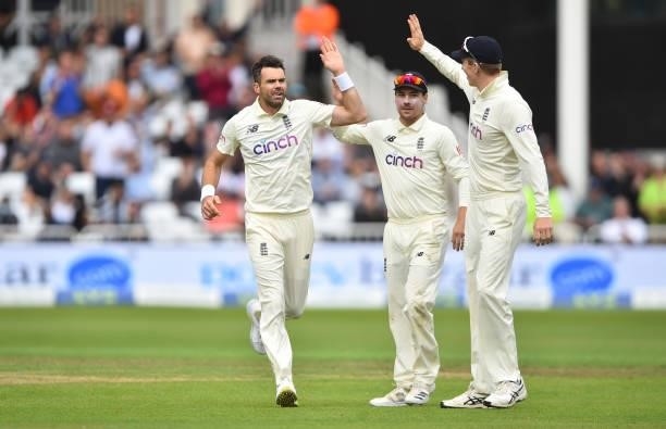 James Anderson of England celebrates after getting Shardul Thakur of Inida out during day three of the First Test Match between England and India at...