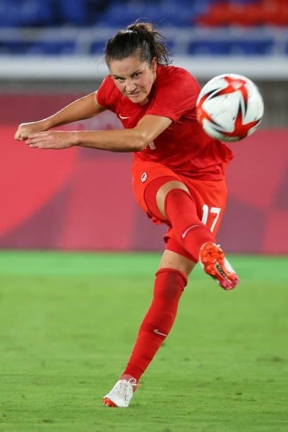 Jessie Fleming of Team Canada attempts a shot during the second half during the women's football gold medal match between Canada and Sweden on day...