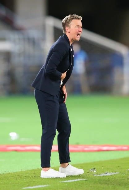 Bev Priestman, Head Coach of Team Canada reacts during the Women's Gold Medal Match between Canada and Sweden on day fourteen of the Tokyo 2020...