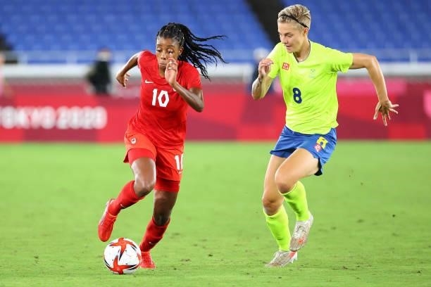 Ashley Lawrence of Team Canada controls the ball against Lina Hurtig of Team Sweden during the second half during the women's football gold medal...