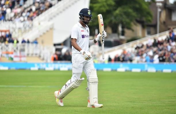 Rahul of India raises his after getting out by James Anderson of England for 84 runs during day three of the First Test Match between England and...