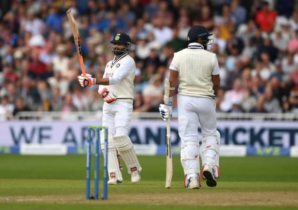 India batsmen Ravindra Jadeja reaches 50 runs during day three of the First Test Match between England and India at Trent Bridge on August 06, 2021...