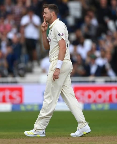 England bowler Ollie Robinson celebrates the wicket of India batsmen Ravindra Jadeja by putting his finger to his lips day three of the First Test...