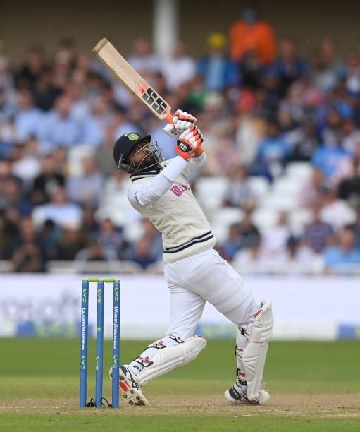 Ravindra Jadeja of India hits out during the third day of the 1st LV= Test match between England and India at Trent Bridge on August 06, 2021 in...