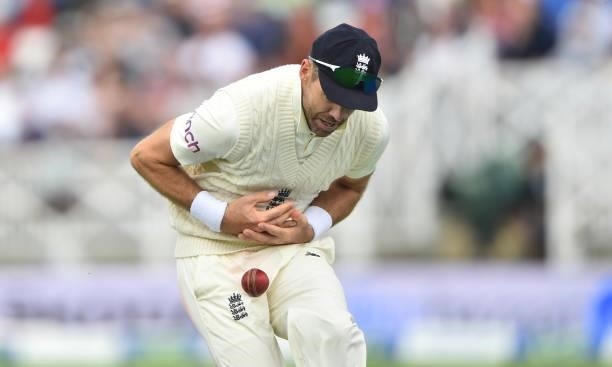 James Anderson of England drops Mohammed Shami of India during day three of the First Test Match between England and India at Trent Bridge on August...
