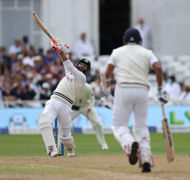 Ravindra Jadeja of India hits out during day three of the First LV= Insurance test match between England and India at Trent Bridge on August 05, 2021...
