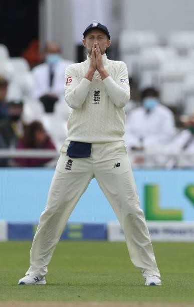 Captain Joe Root of England reacts during day three of the First LV= Insurance test match between England and India at Trent Bridge on August 05,...