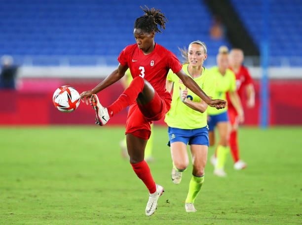 Kadeisha Buchanan of Team Canada controls the ball during the Women's Gold Medal Match between Canada and Sweden on day fourteen of the Tokyo 2020...