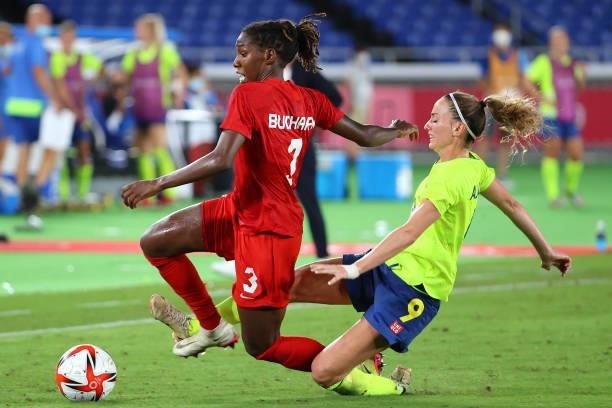 Kadeisha Buchanan of Team Canada and Kosovare Asllani of Team Sweden collide in the first half of extra time during the women's football gold medal...