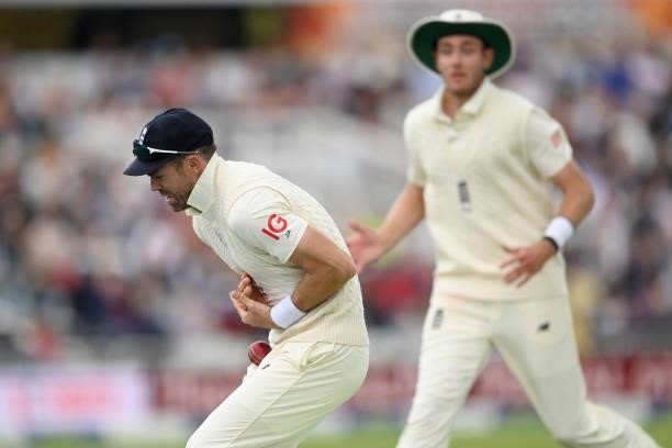 James Anderson of England drops a catch from the bat of Mohammed Shami of India as Stuart Broad looks on during the third day of the 1st LV= Test...