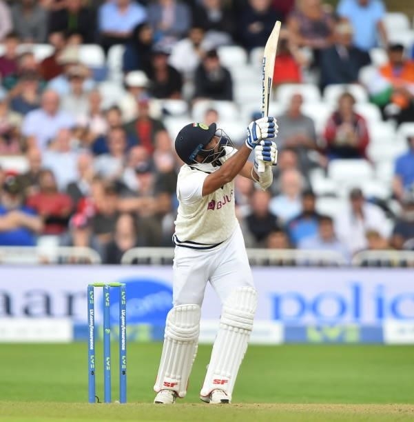 Mohammed Shami of India bats during day three of the First Test Match between England and India at Trent Bridge on August 06, 2021 in Nottingham,...