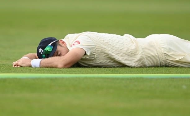 James Anderson of England reacts after dropping a catch from the bat of Mohammed Shami of India during the third day of the 1st LV= Test match...