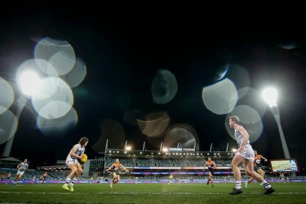 General view during the round 21 AFL match between Geelong Cats and Greater Western Sydney Giants at GMHBA Stadium on August 06, 2021 in Geelong,...