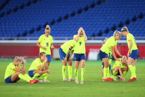 Kosovare Asllani of Team Sweden and teammates look dejected after loosing the shootout during the Women's Gold Medal Match between Canada and Sweden...