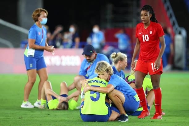 Hanna Bennison of Team Sweden reacts after losing to Team Canada in a penalty kick shoot-out during the women's football gold medal match between...