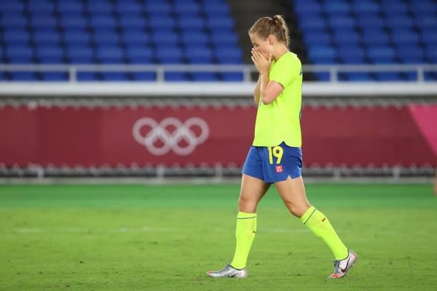 Anna Anvegard of Team Sweden reacts after missing her shot attempt during the penalty kick shoot-out during the women's football gold medal match...