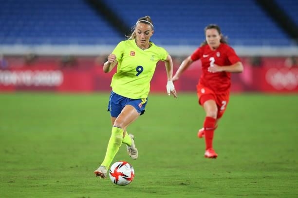 Kosovare Asllani of Team Sweden runs with the ball during the Women's Gold Medal Match between Canada and Sweden on day fourteen of the Tokyo 2020...