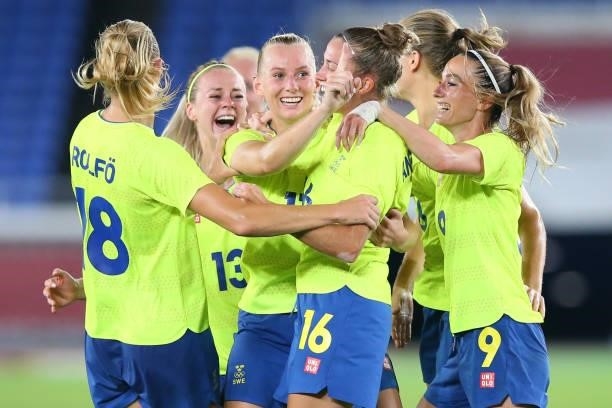 Stina Blackstenius of Team Sweden celebrates with team mates after scoring their side's first goal during the Women's Gold Medal Match between Canada...