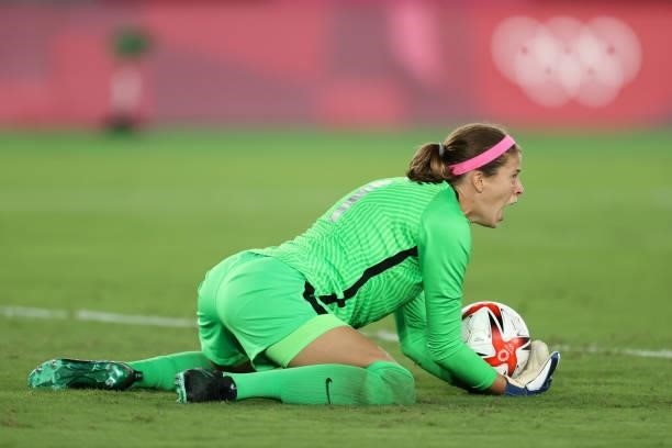 Stephanie Labbe of Team Canada makes a save during the Women's Gold Medal Match between Canada and Sweden on day fourteen of the Tokyo 2020 Olympic...