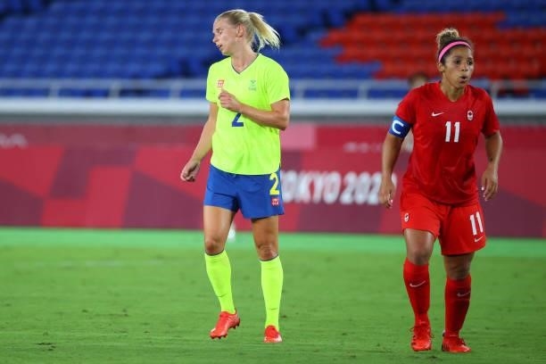 Jonna Andersson of Team Sweden reacts after missing a shot attempt in the second half during the women's football gold medal match between Canada and...