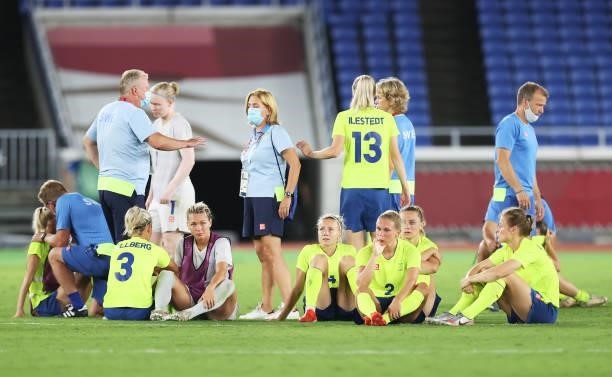 Players of Sweden look dejected after loosing in the penalty shootout during the Women's Gold Medal Match between Canada and Sweden on day fourteen...